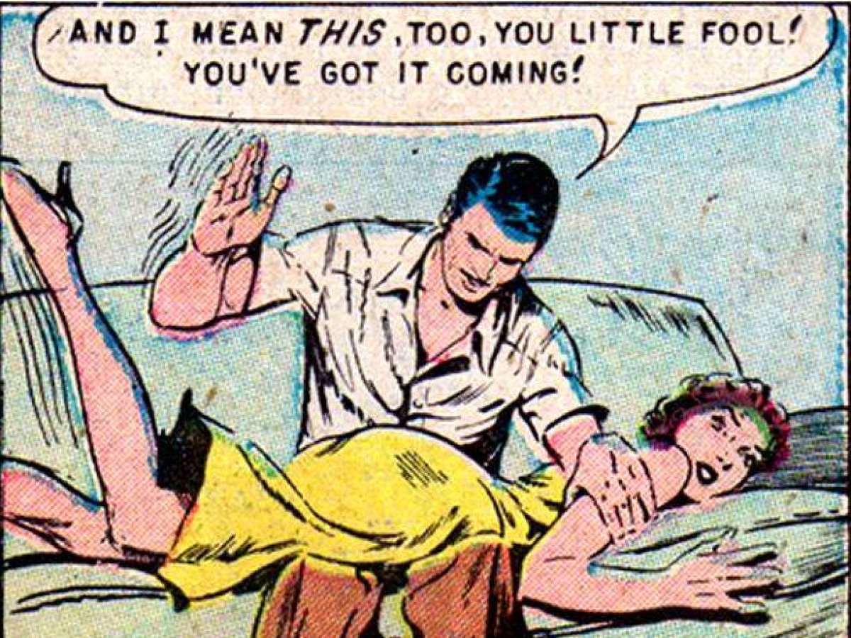 Two women spank man